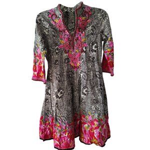 Mogra Size Small Dress, Heavily Beaded Pink Flower Floral, Black and White